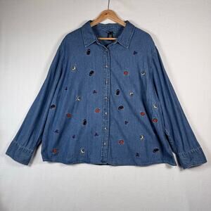 Vintage Halloween Embroidered Button Up Shirt Women Denim Black Cat Pumpkin 3X